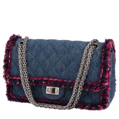 Borsa Chanel 2.55 in tela di denim blu e tweed rosa