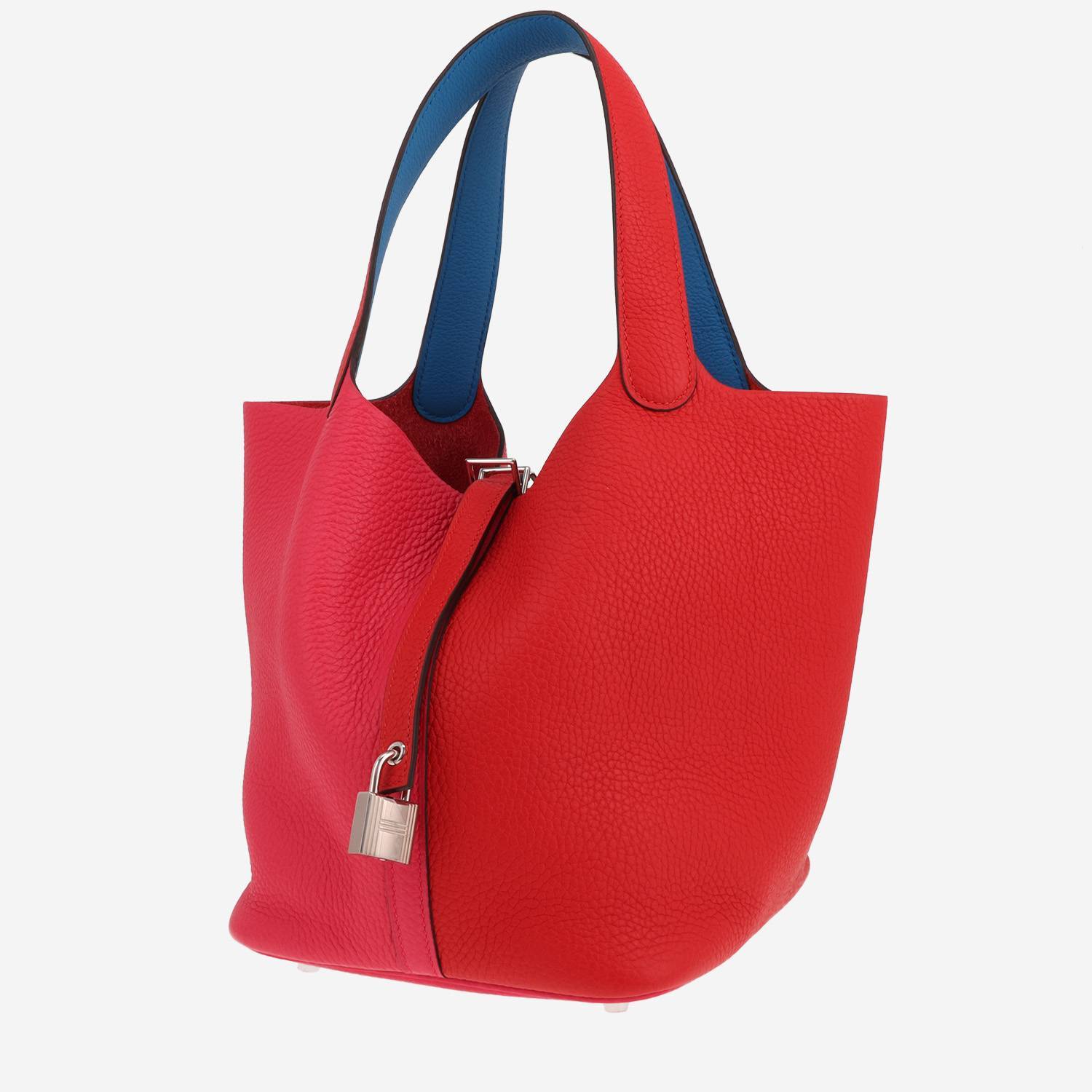 Borsa Hermès Picotin 22 cm Casaque in pelle di vitello Clémence, nei colori Rose Extrême e Rosso del Cuore