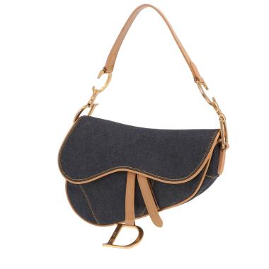 Sac à main Dior  Saddle en toile denim bleu-marine et cuir marron