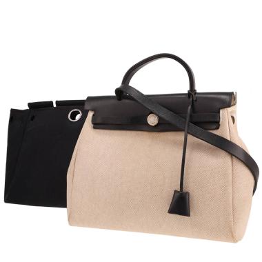 Borsa Hermès Herbag da spalla o a mano in tela beige e pelle nera