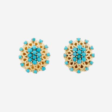 Paire de boucles d'oreilles Vintage  en or jaune et turquoises