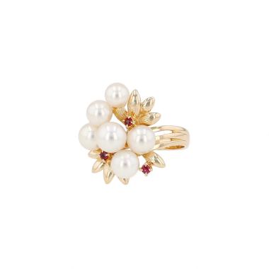 Anello Tasaki in oro giallo, rubies e perle coltivate