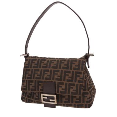 Borsa Fendi Mamma Baguette in tela marrone con logo e pelle marrone