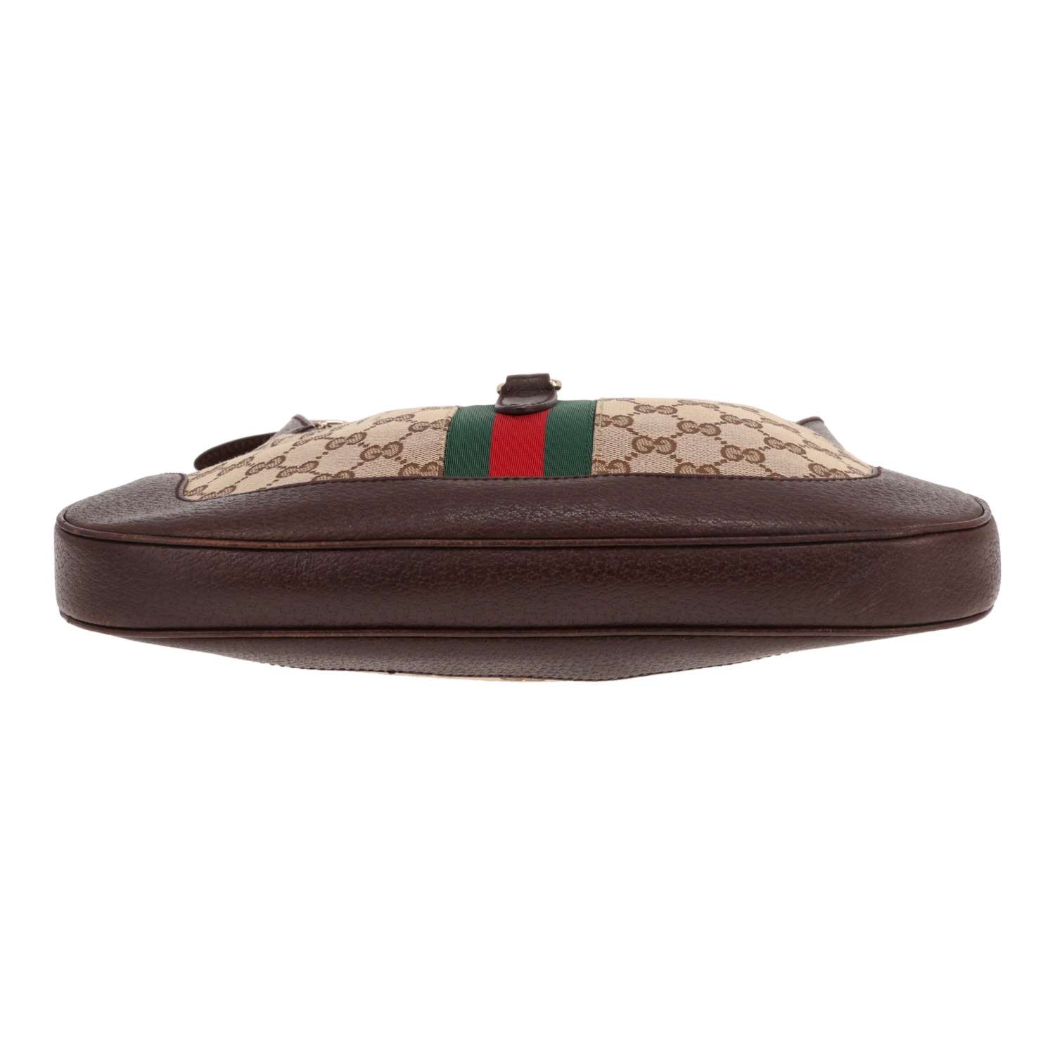 Gucci Jackie handbag in brown leather and beige GG Supreme canvas - Detail D1