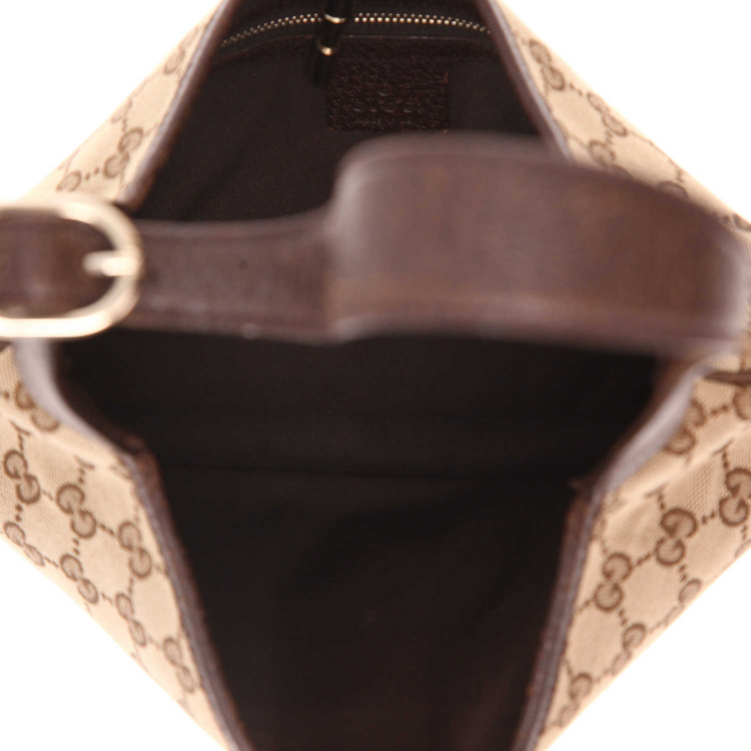 Gucci Jackie handbag in brown leather and beige GG Supreme canvas - Detail D3