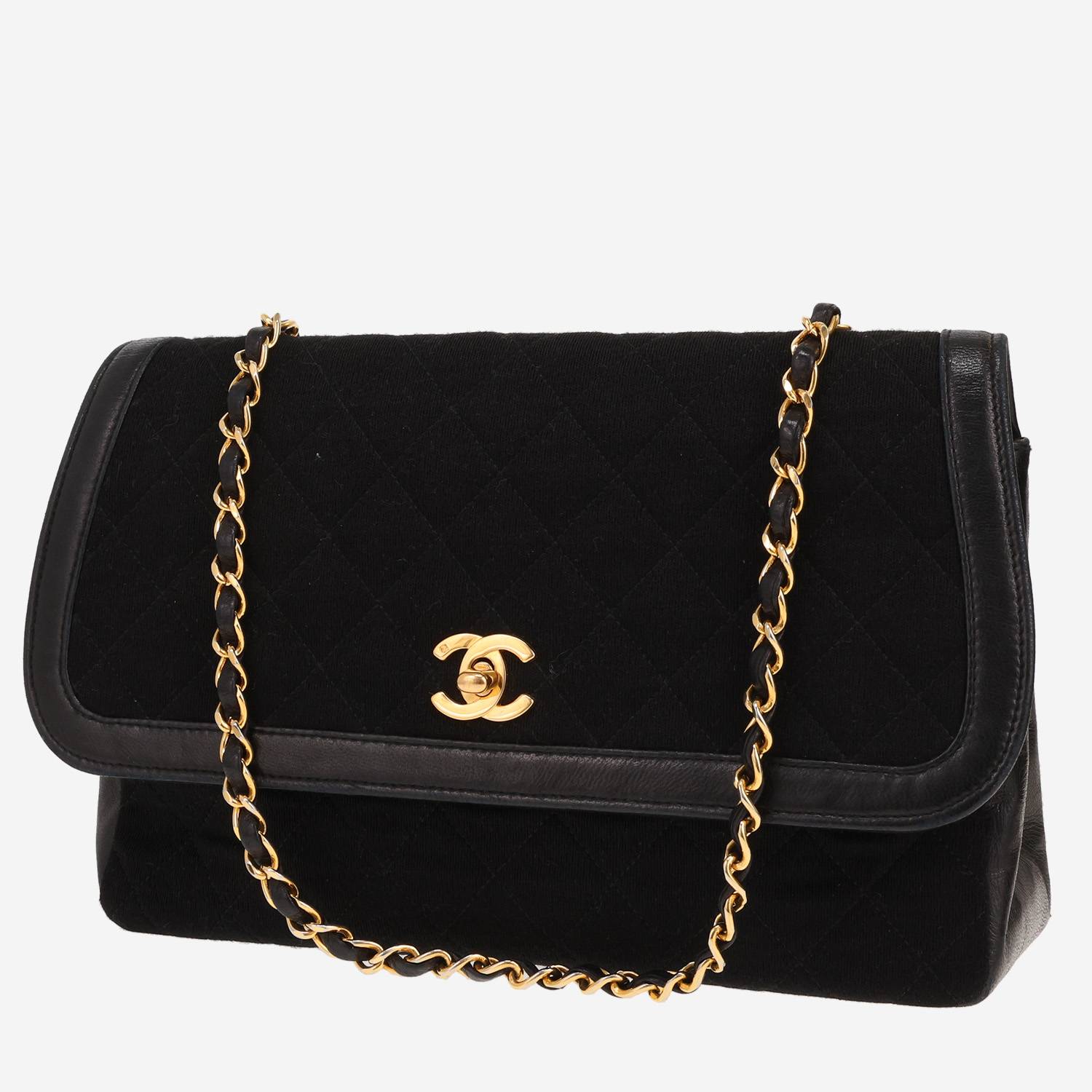 Borsa Chanel vintage in tela jersey nera e pelle nera