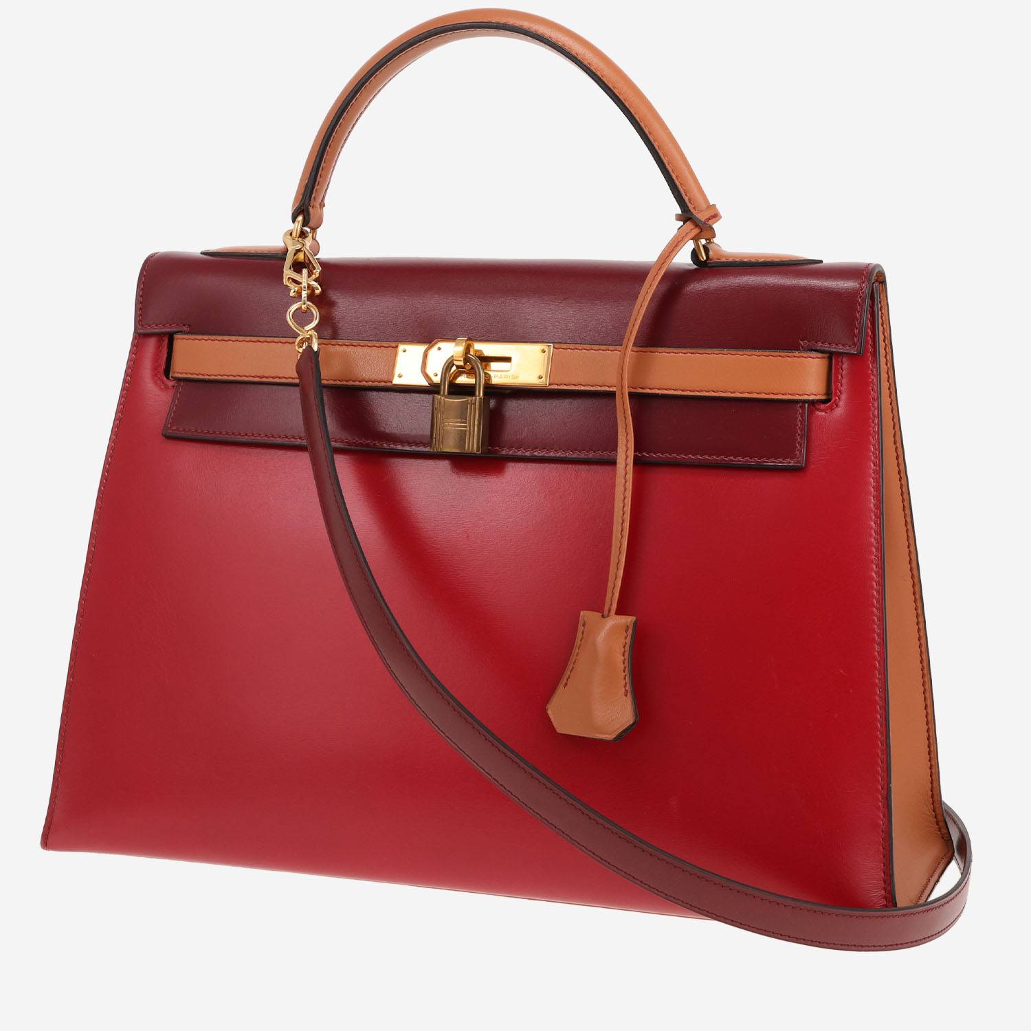 Borsa Hermès Kelly 32 cm in pelle box tricolore: rosso H, Rouge Vif e Gold