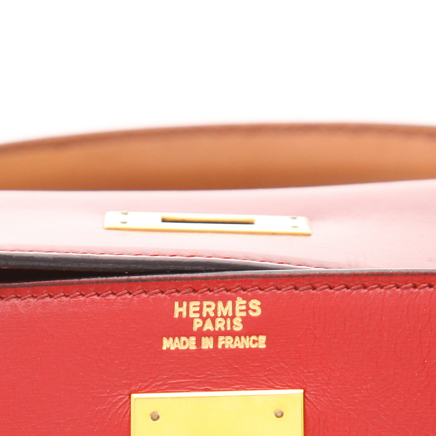 Hermès Kelly handbag, 32 cm, in tricolour ‘Box’ leather in bright red Rouge H, Rouge Vif and Gold - Detail D2