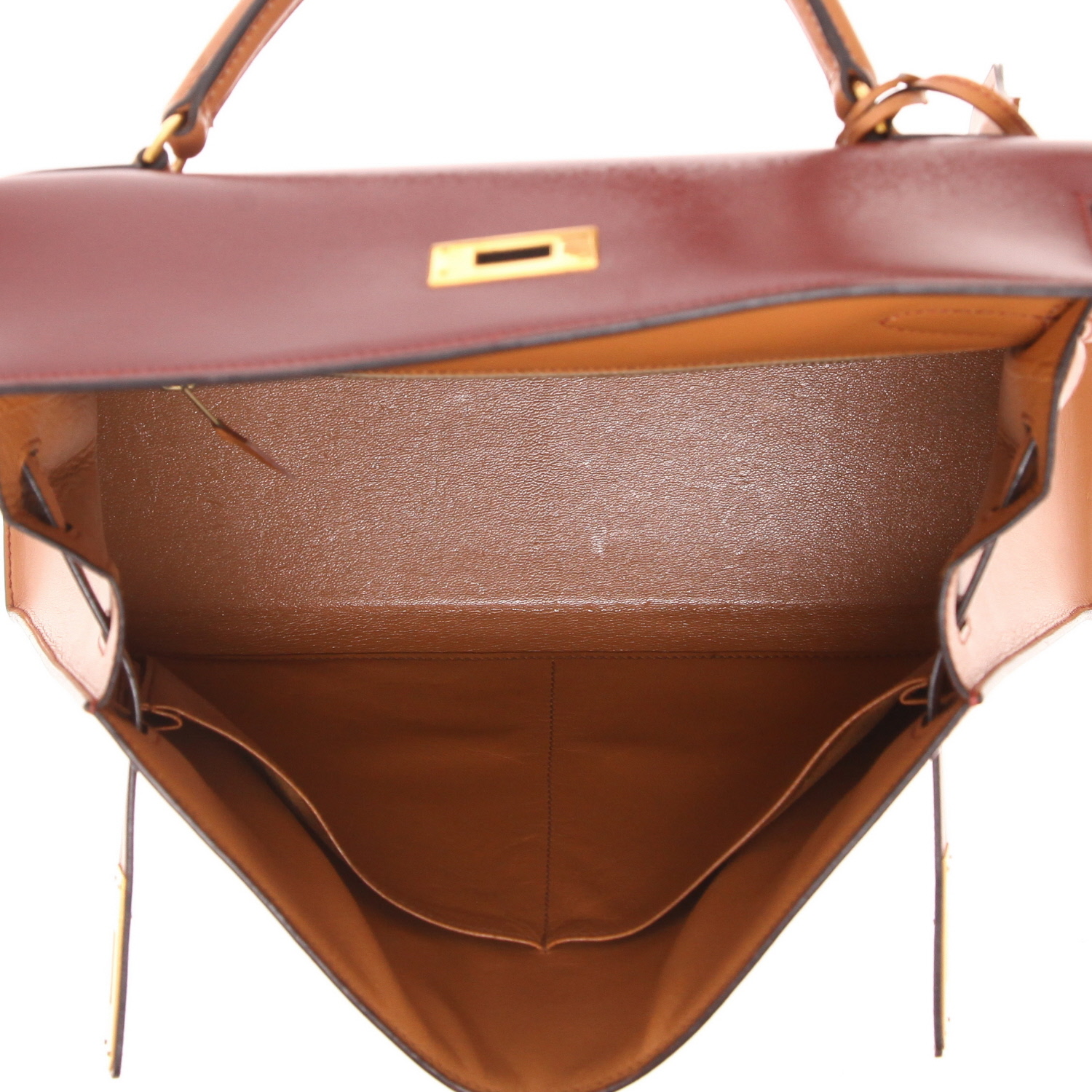 Bolso Hermès Kelly de 32 cm en piel «box» tricolor: rojo H, Rouge Vif y Gold - Detail D3