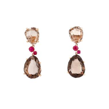 A pair of Pomellato Bahia earrings in rose gold, smoky quartz and rubies