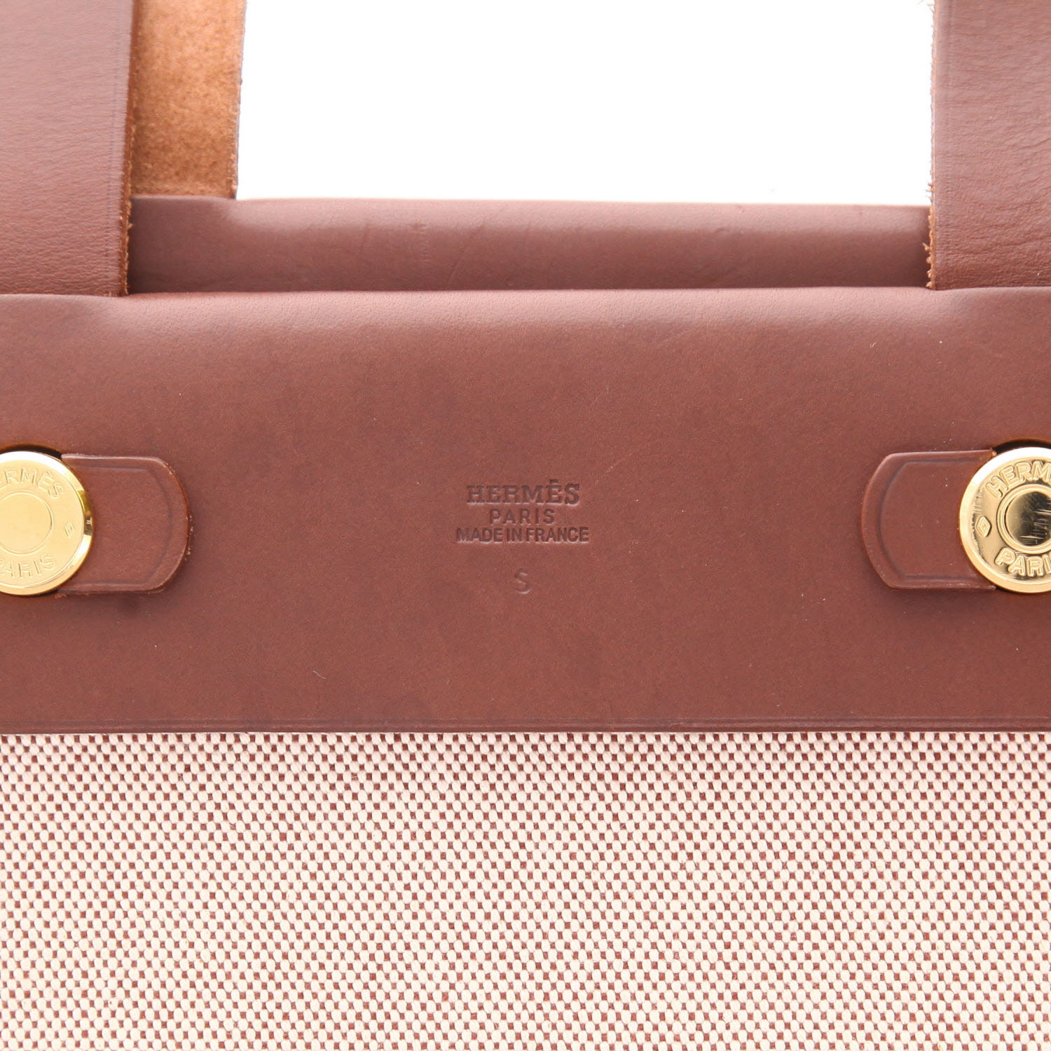 Hermès Herbag handbag in beige canvas and brown leather - Detail D2