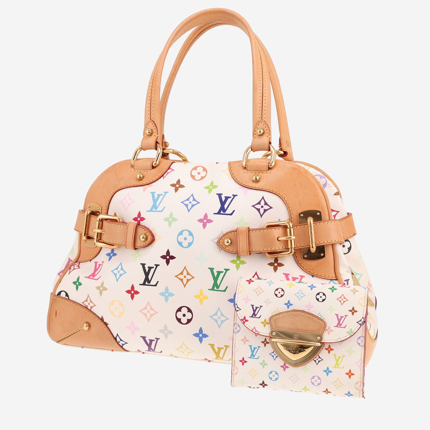 Borsa Louis Vuitton Claudia in tela Monogram multicolore e bianca e pelle naturale