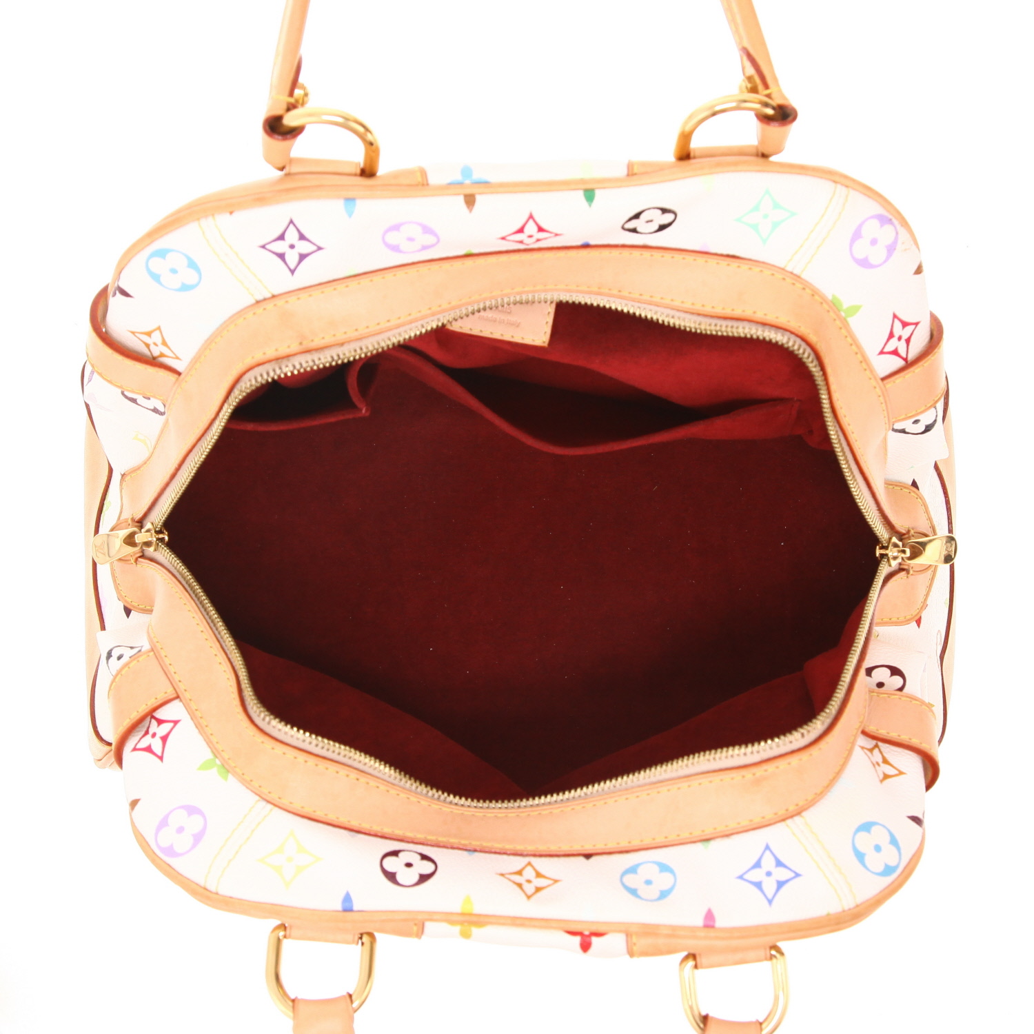 Sac à main Louis Vuitton  Claudia en toile monogram multicolore et blanche et cuir naturel - Detail D3