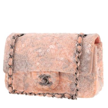 Borsa Chanel Timeless Mini in velluto rosa cipria e grigio con paillettes