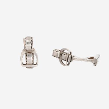 Paire de boutons de manchette rigide Hermès Etrier en argent