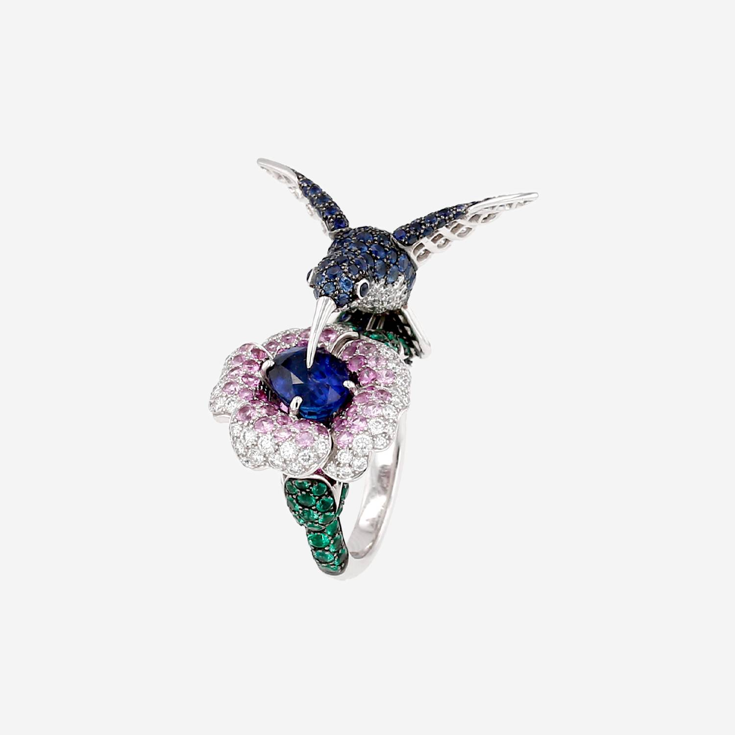 Anillo «Hopi le Colibri» de Boucheron, en oro blanco, piedras de colores y diamantes con zafiro