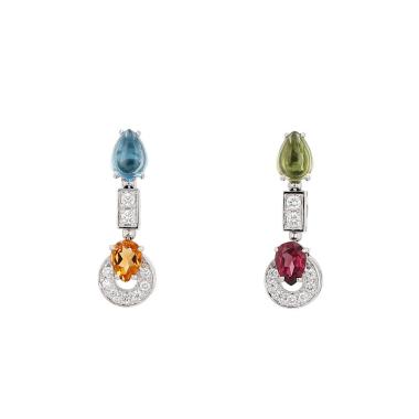Orecchini mobili Bulgari Allegra in oro bianco, diamanti e pietre colorate