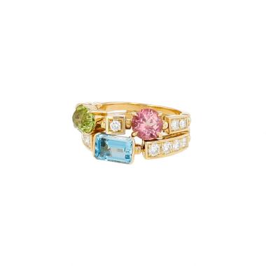 Bulgari Allegra medium-sized semi-hinged ring in yellow gold, diamonds and coloured gemstones