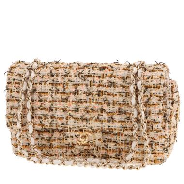Borsa Chanel “Timeless Classic” in tweed beige dorato e bianco e pelle bianca