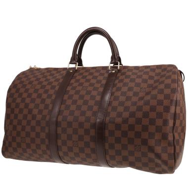 Bolsa de viaje Louis Vuitton Keepall 50 de lona Monogram Ébène y piel marrón