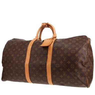 Sac de voyage Louis Vuitton  Keepall 55 en toile monogram marron et cuir naturel