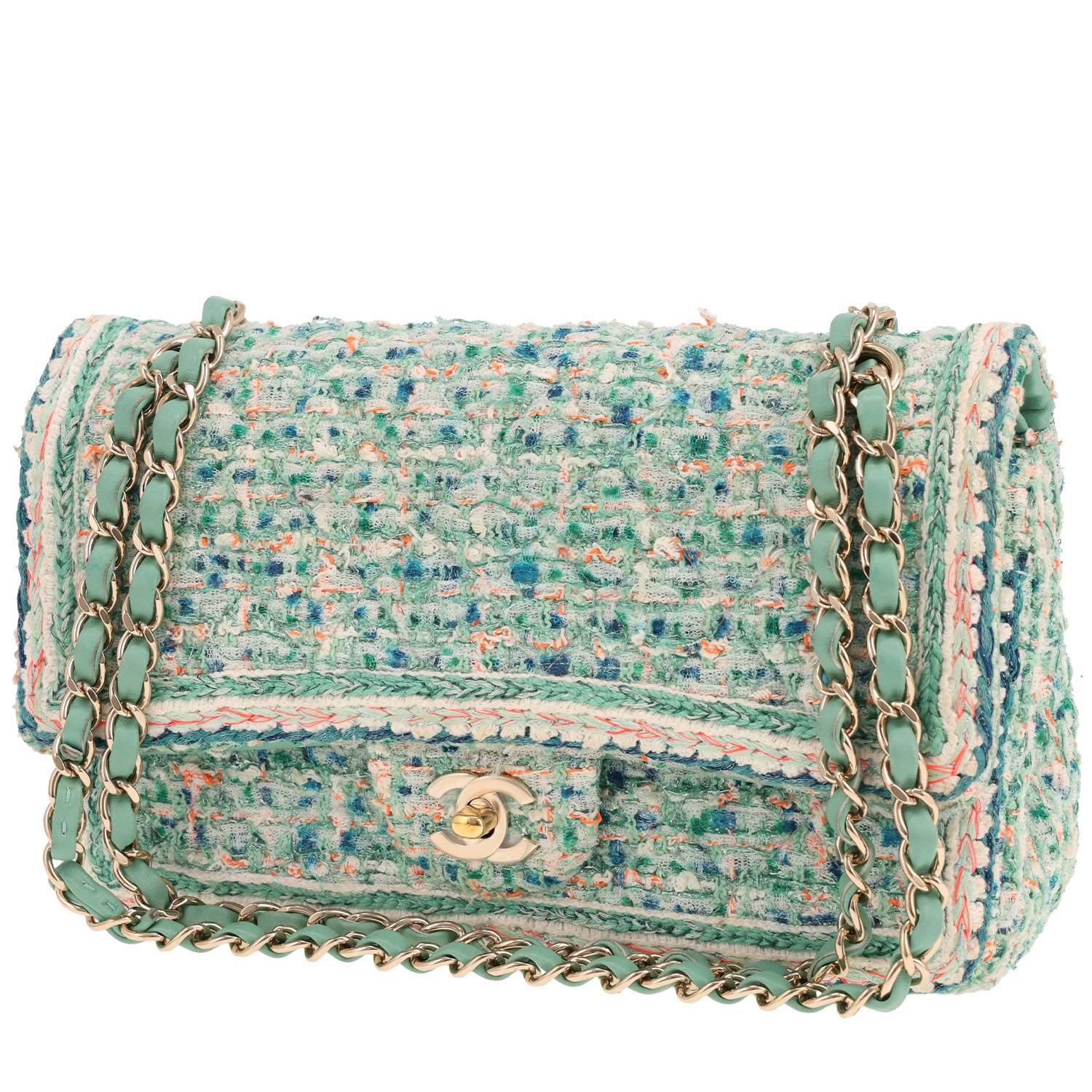 Sac Chanel Timeless Tweed Vert Bleu Occasion
