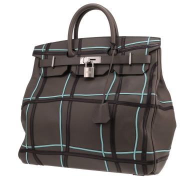 Hermès weekend bag: ‘Haut à Courroies’ 40 limited edition HACarreaux in grey Evergrain leather and blue Evercolor leather