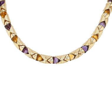 Collier années 1990 Bulgari Naturalia en or jaune, améthystes et citrines
