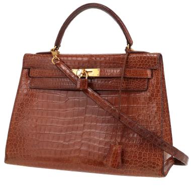 Hermès Kelly 32 cm handbag in honey-brown porosus crocodile leather