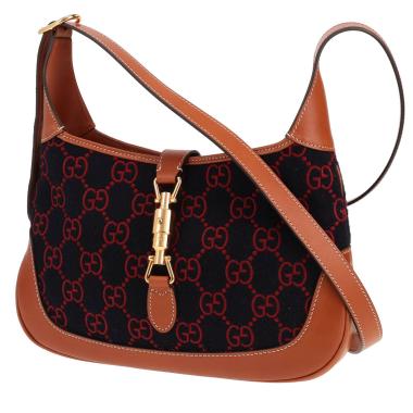 Sac à main Gucci  Jackie 1961 en feutrine bleue et rouge et cuir marron