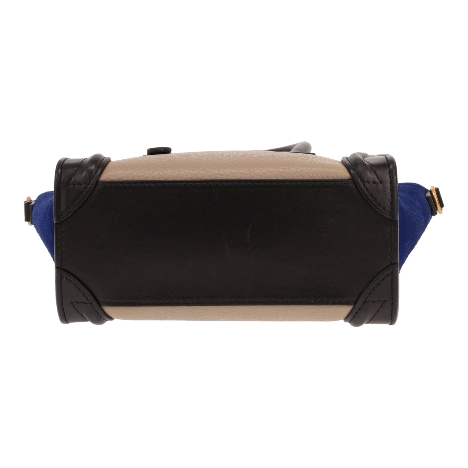 Celine Luggage Nano shoulder bag in Noir and beige leather and blue suede calfskin - Detail D1