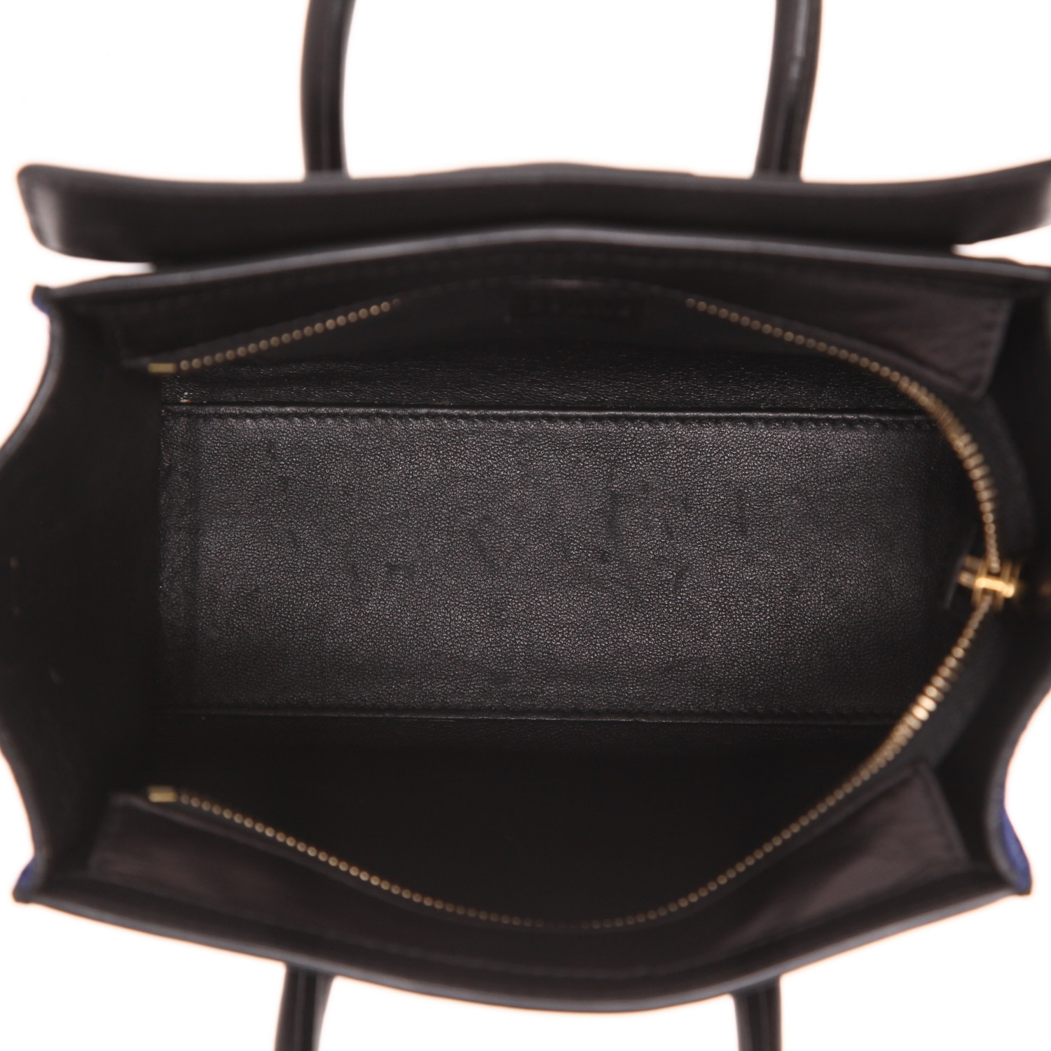Sac bandoulière Celine  Luggage Nano en cuir noir et beige et Veau velours bleu - Detail D3