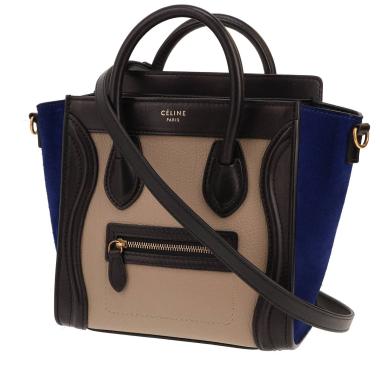 Borsa a tracolla Celine Luggage Nano in pelle nera e beige e vitello scamosciato blu