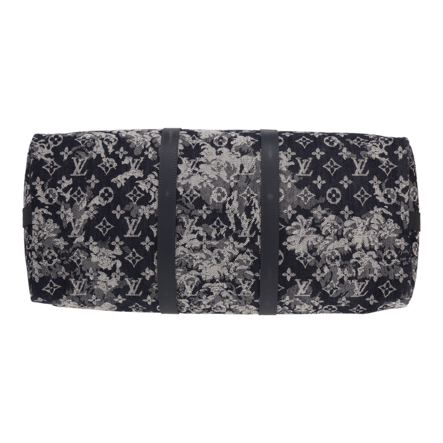 Bolsa de viaje Louis Vuitton Keepall 50 de lona Monogram Tapestry gris y azul y piel Bleu Marine - Detail D1