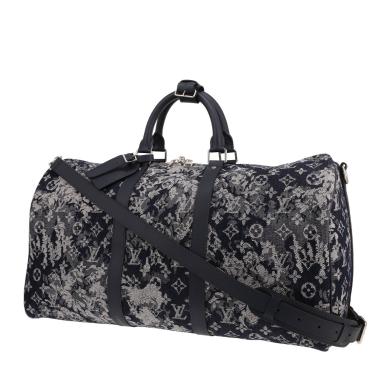 Bolsa de viaje Louis Vuitton Keepall 50 de lona Monogram Tapestry gris y azul y piel Bleu Marine