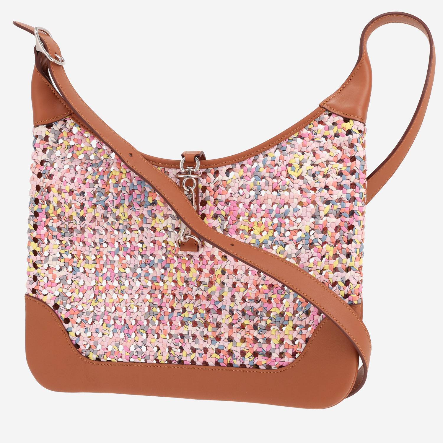 Sac bandoulière Hermès  Rainbow Silky Trim en soie multicolore et cuir Swift marron