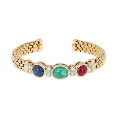 Fope 1990s open-style bracelet in yellow gold, with ruby, emerald, sapphire and diamonds