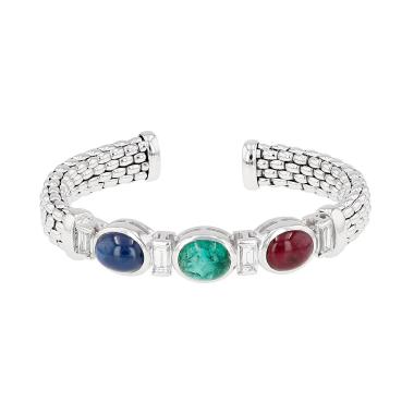 Pulsera Fope de los años 90, de diseño abierto, en oro blanco, con rubíe, esmeralda, zafiro y diamantes