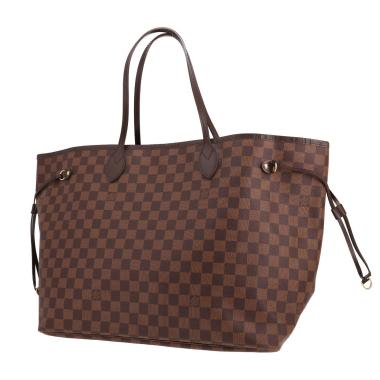 Sac cabas Louis Vuitton  Neverfull grand modèle  en toile damier ébène et cuir marron