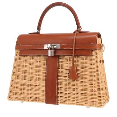 Bolso Hermès Kelly Picnic 35 de mimbre y piel Barénia Fauve
