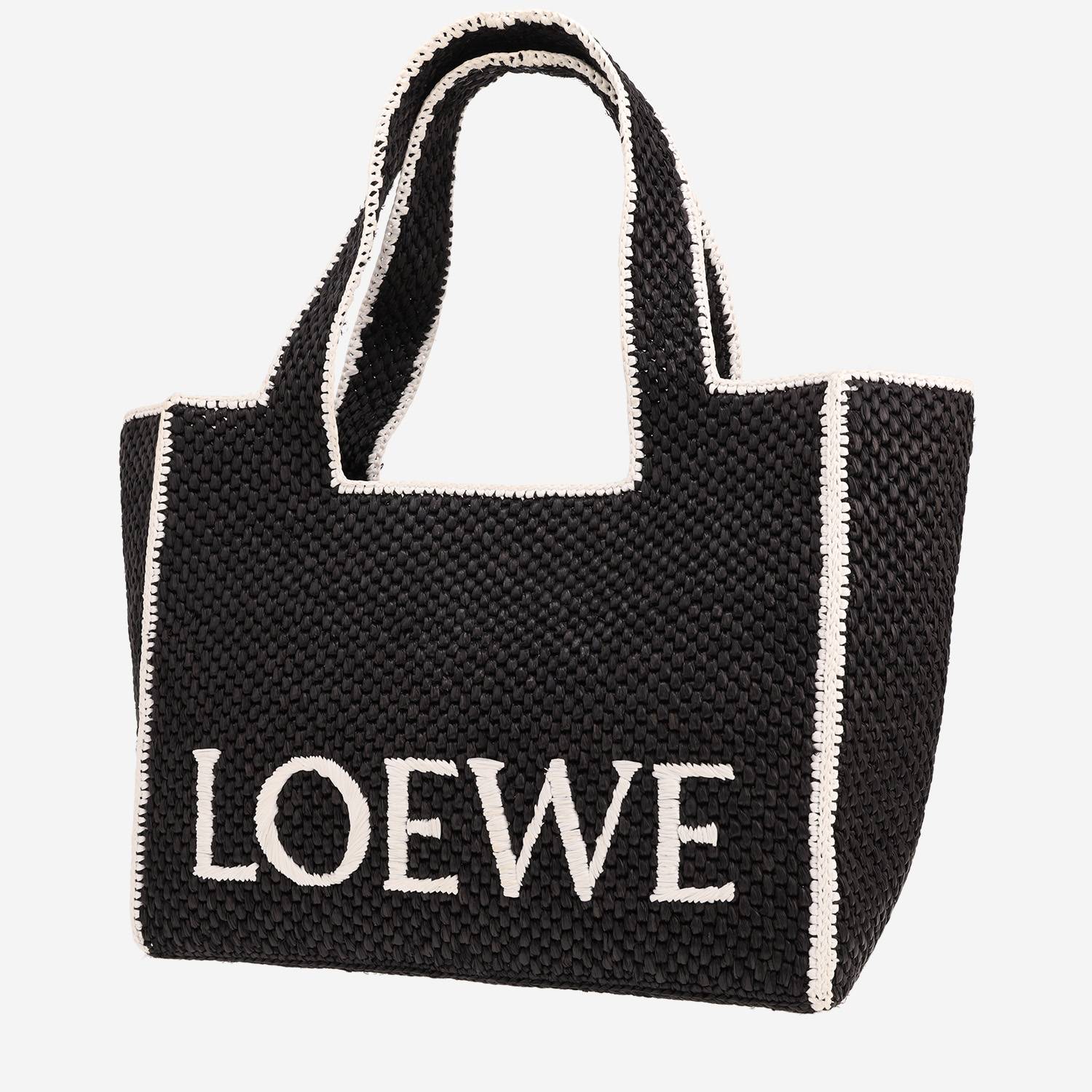 Borsa Loewe in rafia bicolore bianco e nero e pelle nera