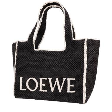 Borsa Loewe in rafia bicolore bianco e nero e pelle nera