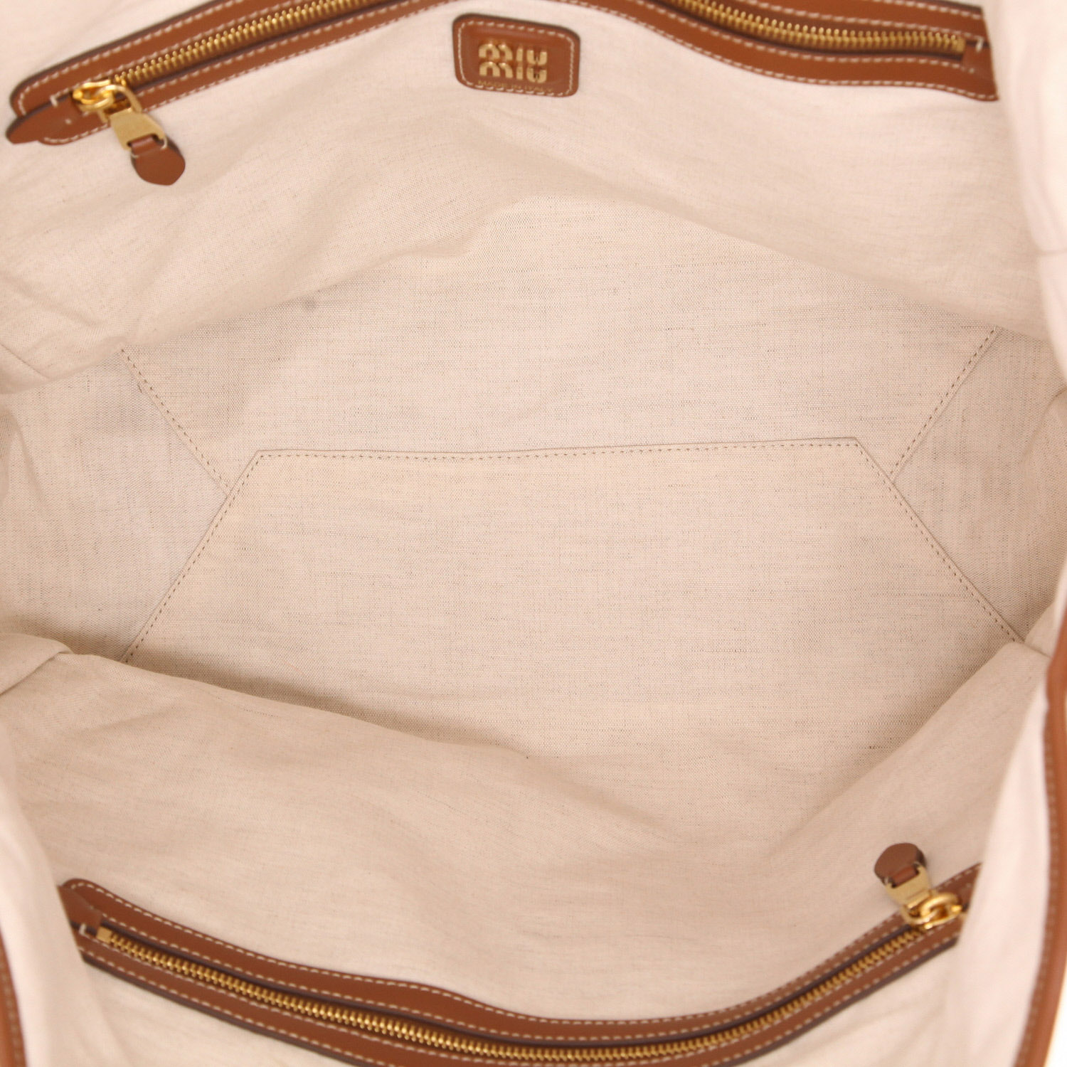 Borsa shopping Miu Miu Ivy grande in tela beige e pelle marrone - Detail D3