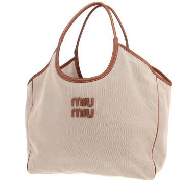 Borsa shopping Miu Miu Ivy grande in tela beige e pelle marrone