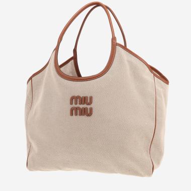Sac cabas Miu Miu  Ivy grand  en toile beige et cuir marron