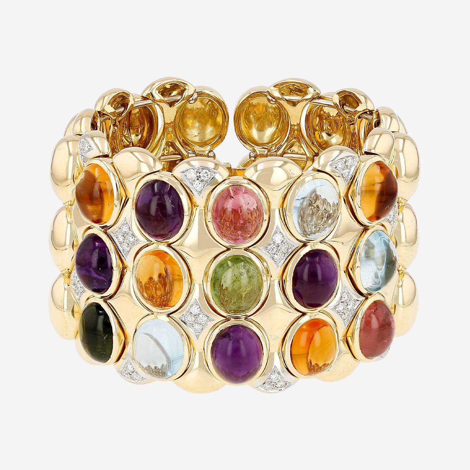Pulsera tipo brazalete semirrígida con cierre Zoccai, de oro amarillo, piedras semipreciosas y diamantes, con citrinos y aguamarinas