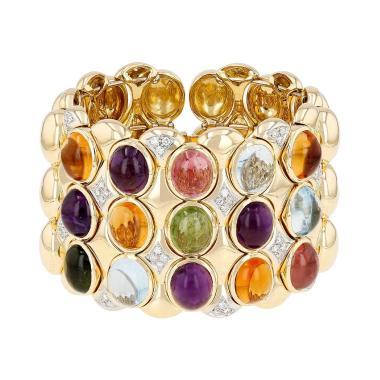 Zoccai semi-rigid cuff bracelet with clasp, in yellow gold, set with semi-precious stones and diamonds, including citrines and aquamarines