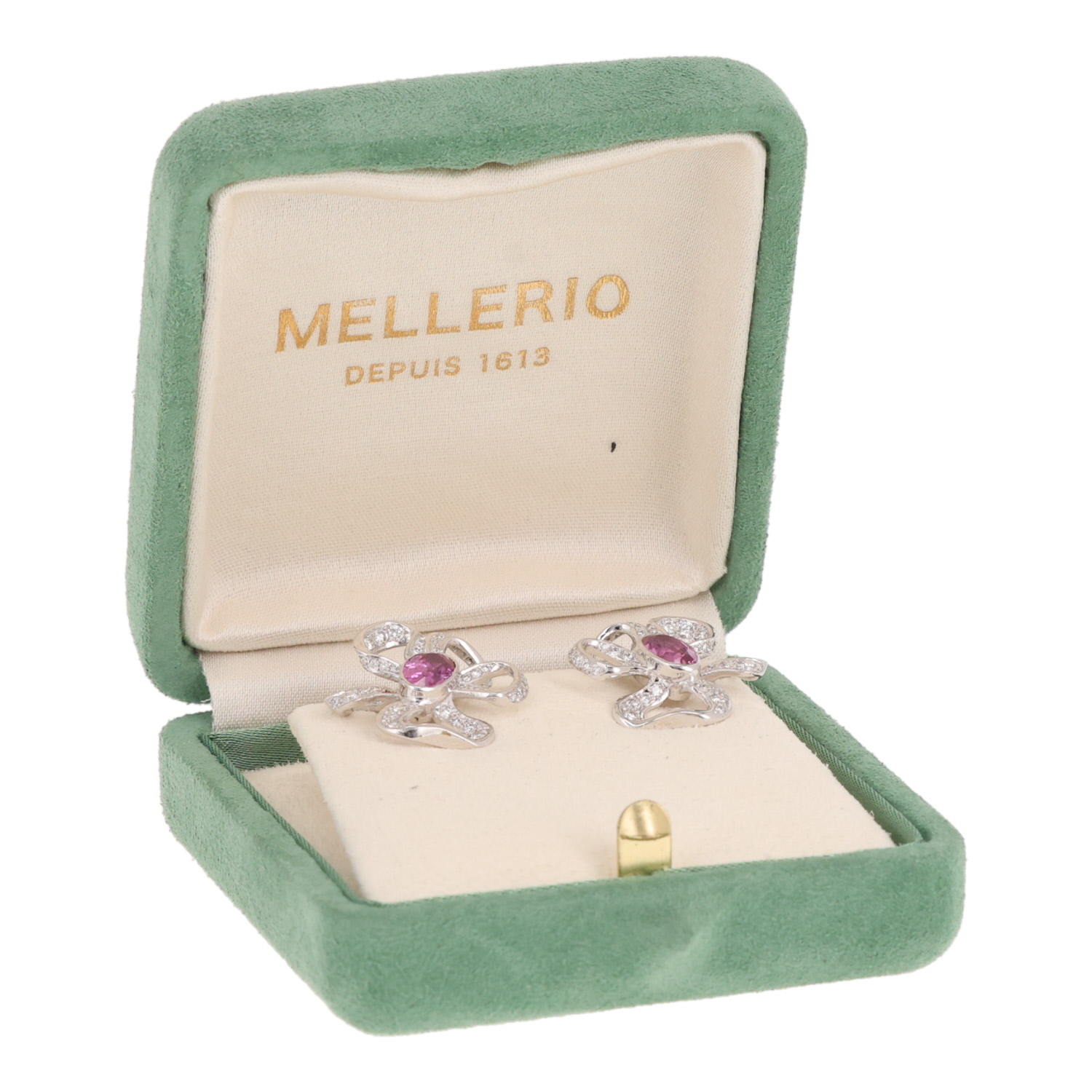 Paire de clips d'oreilles Mellerio Marie-Antoinette en or blanc, saphirs et diamants - Detail D2