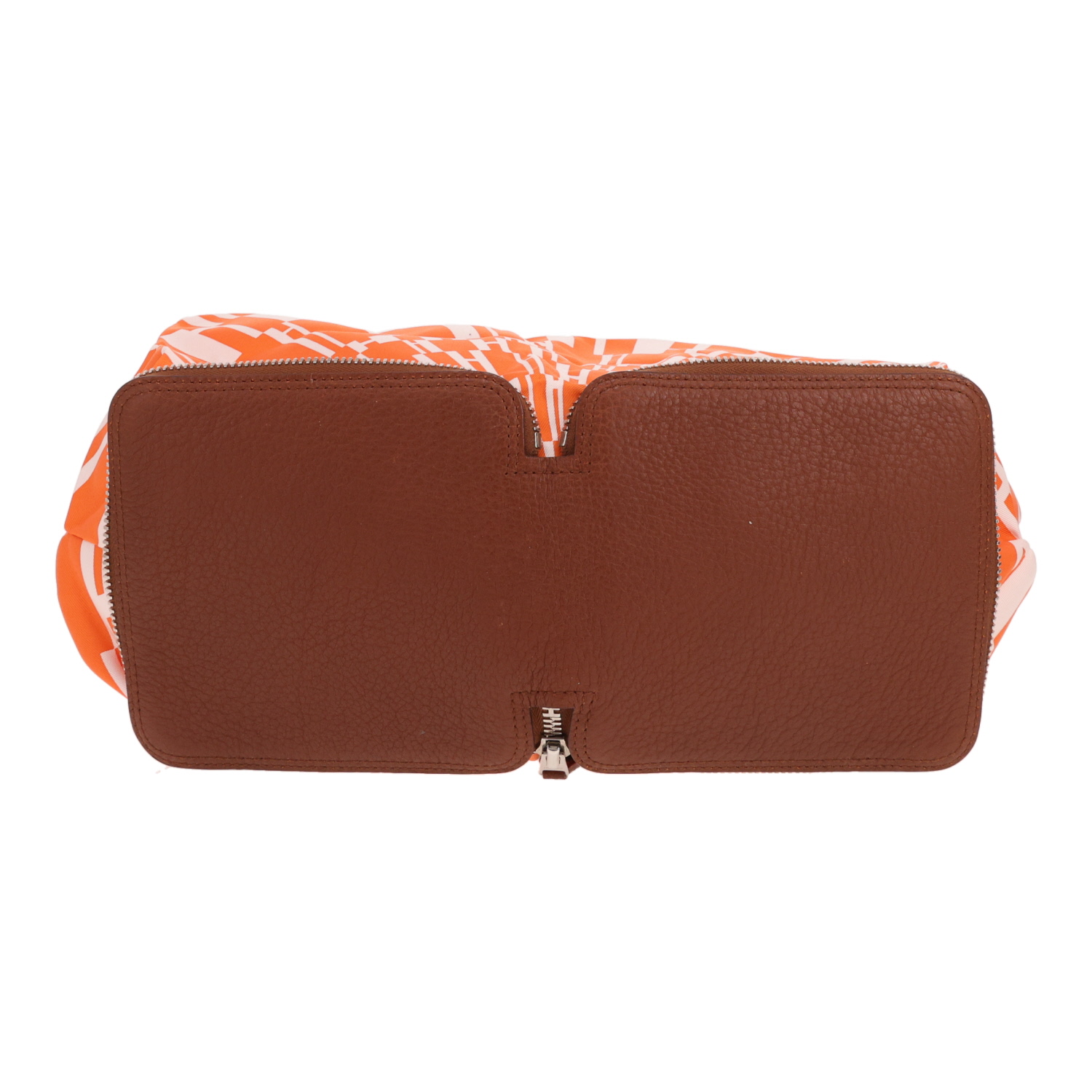 Bolso de mano Hermès Silky Pop - Shop Bag de sarga de seda naranja y piel marrón - Detail D1