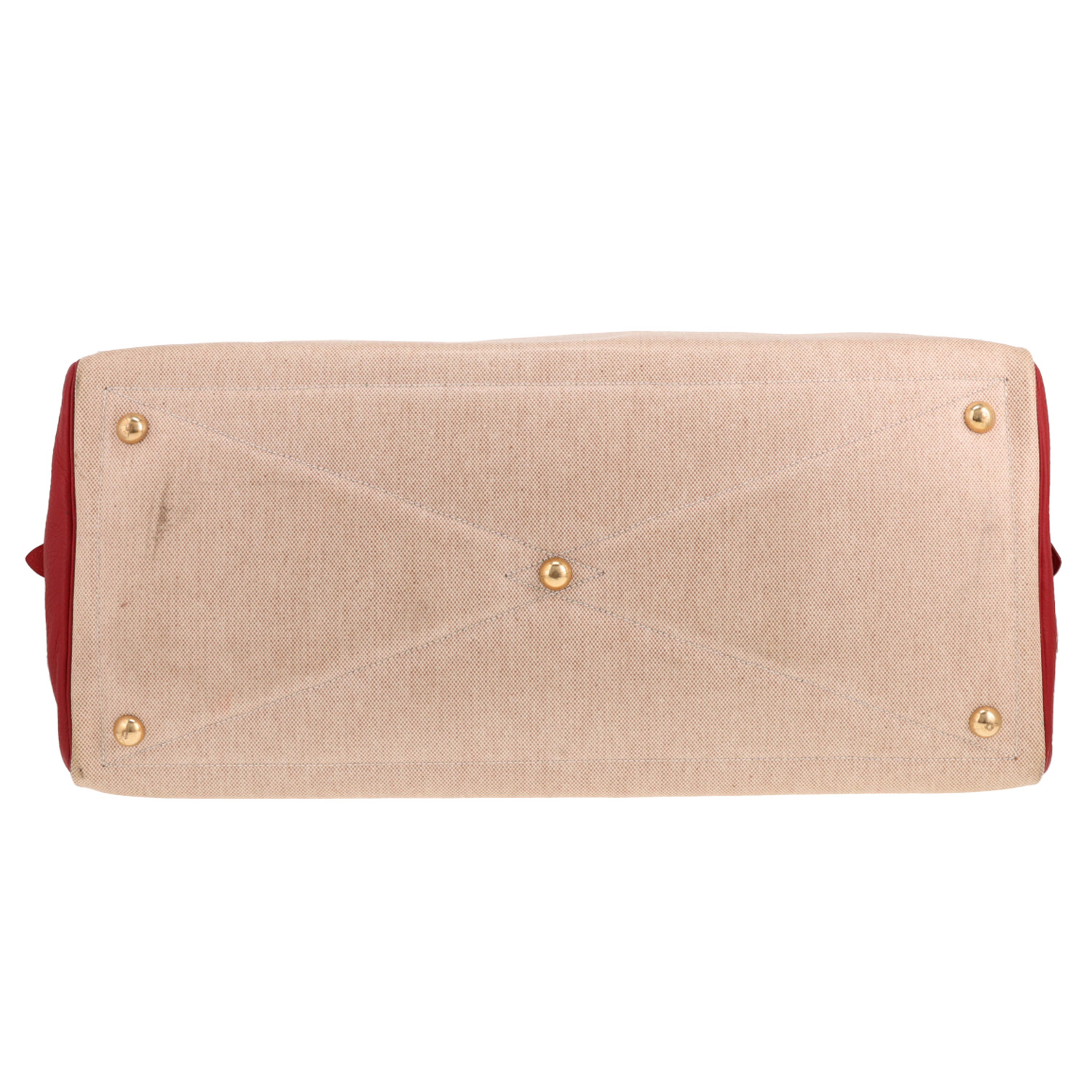 Sac de voyage Hermès  Victoria en toile H et cuir togo rouge - Detail D1